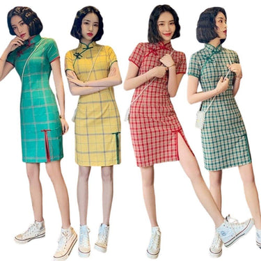 Slim Fit Chinese Vintage Style Short Sleeve Plaid Pattern Dress Womens Cotton Mini Dress Qipao Collar Sexy High Split Cheongsam from NSE Imports #1.
